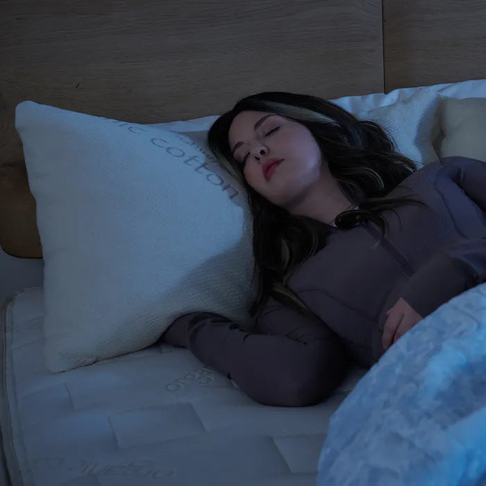 Naturepedic PLA pillow 100% organic cotton encasement only enhances breathability. No more restless nights – just cool, comfy sleep.